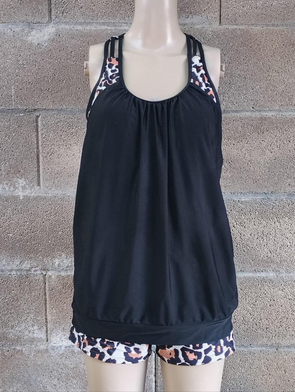 Black Women's Strappy Tankini with Leopard Trim And Bottoms L
